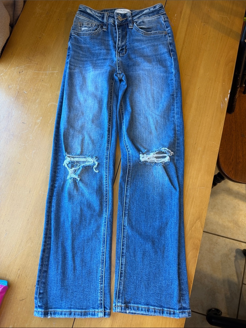 Flying Monkey Girls Blue high rise wide legged Jeans with Knee Distressing
